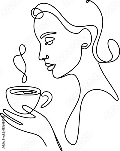 Continuous line drawing of a woman holding a cup of coffee and smelling its aroma