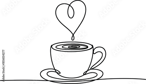 Continuous one line drawing of a coffee cup with a steaming heart. Minimalist vector illustration representing a love for warm beverages and morning rituals