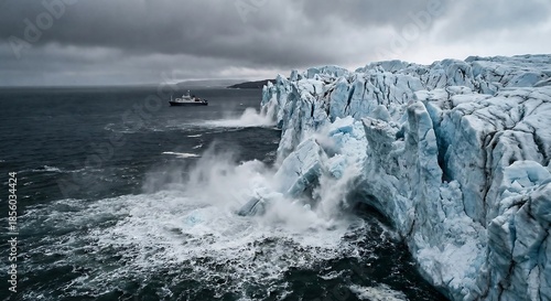 Foto Dramatic glacier cliff crashing into turbulent ocean waves