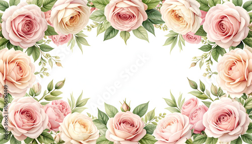 Floral Frame of Roses: A breathtaking arrangement of soft pink and peach roses, intertwined with verdant leaves, forms a beautiful frame.