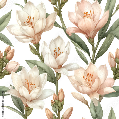 Floral Elegance: Delicate blossoms in soft hues of ivory and blush create a seamless pattern, evoking a sense of calm and beauty.  