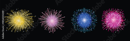 A big set of various fireworks with brightly shining sparks. Realistic fireworks celebration isolated vector illustration vector .