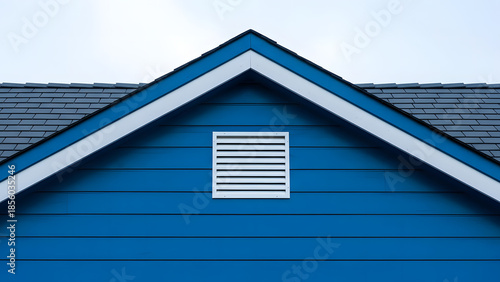 Blue wooden gable with white ventilation grille under pale sky, horizontal siding and roofline that emphasizes home airflow.
