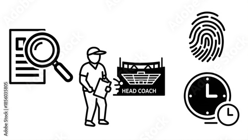 Sports Management Icons Coaching, Stadium, Time, and Document Analysis