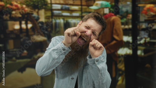 Schilderij op canvas Bearded man in denim jacket pinches under eyes for mock crying in a clothing store building; humor parody mockery