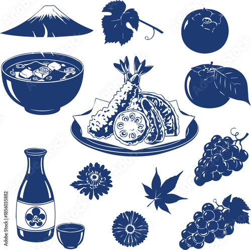 Traditional Japanese Cuisine and Autumn Harvest Vector Elements Collection