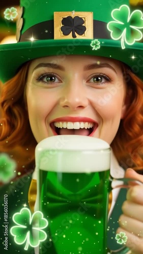 Festive celebration with smiling woman toasting green beer in st. patrick's day atmosphere