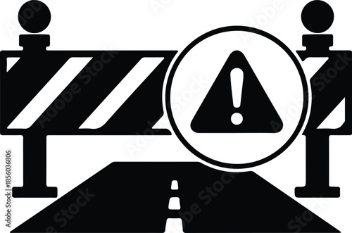 Silhouette Construction road barrier with striped pattern and warning sign Vector Illustration