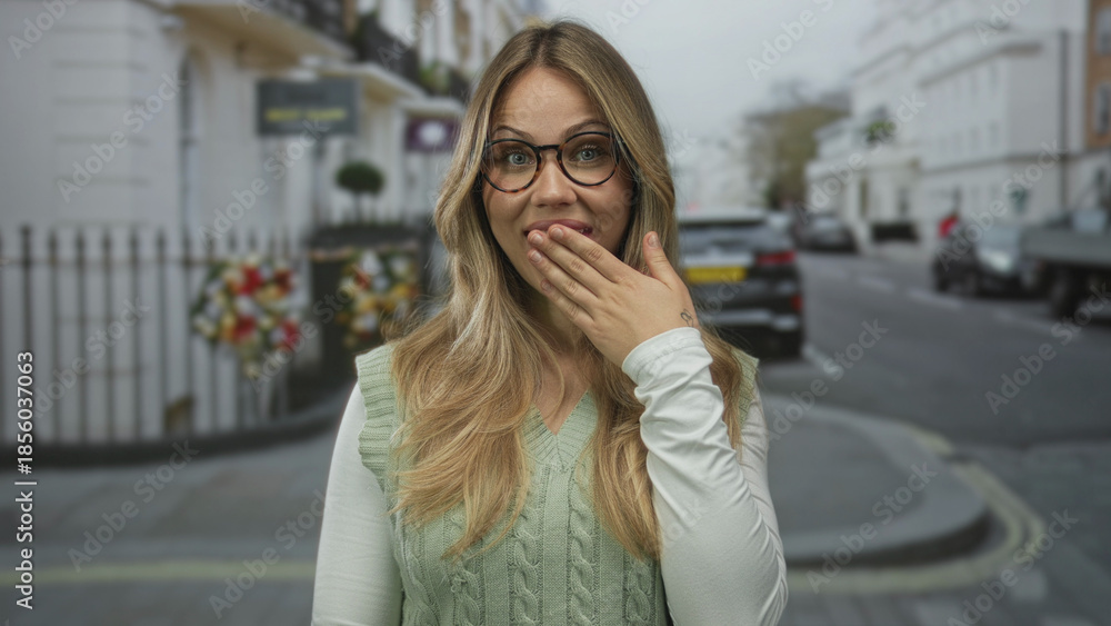 Fototapeta premium Blonde woman covers mouth with hand on busy city street during daytime; surprise curiosity friendliness.