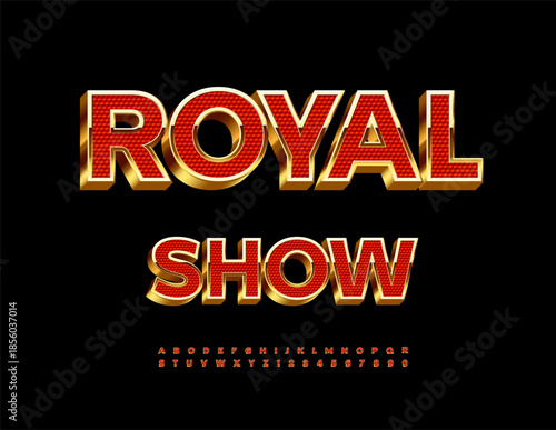 Vector Chic invitation Royal Show. Luxury Red and Golden Font. Amazing 3D Alphabet Letters and Numbers.