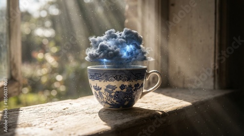 Wallpaper Mural Surreal Dreamscape: Glowing Clouds & Light in a Vintage Teacup on a Sunlit Window Sill – Fantasy & Imagination Concept Torontodigital.ca
