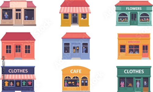 Colorful vector storefront collection with cafe, clothes shop, flower shop and small retail business building illustrations