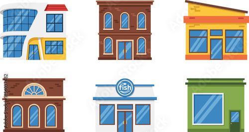Vector illustration of diverse storefront buildings including fish shop, modern store, restaurants and retail commercial architecture
