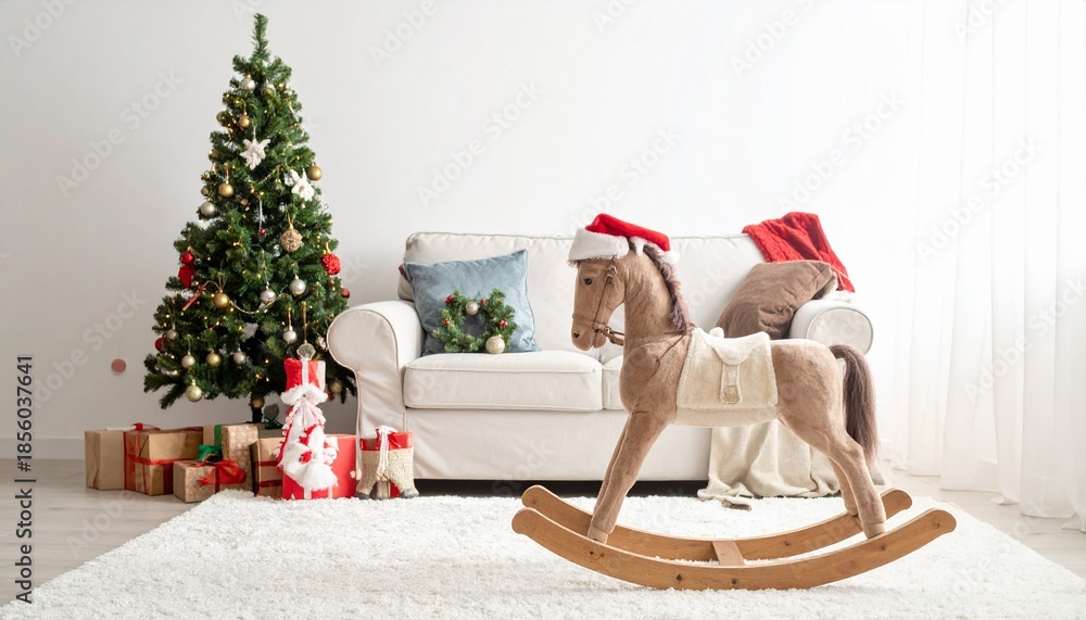 Obraz premium Festive holiday scene with rocking horse christmas tree and gifts in bright interior with holiday cheer.