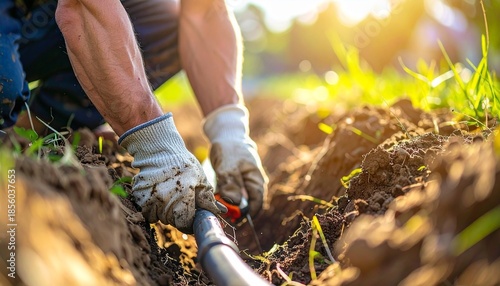 Repairing an underground irrigation system in a sunny backyard during spring maintenance and installation projects.