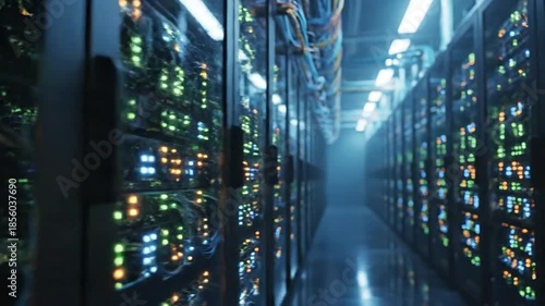 Organized chaos of thousands of blinking indicator lights in a busy server room