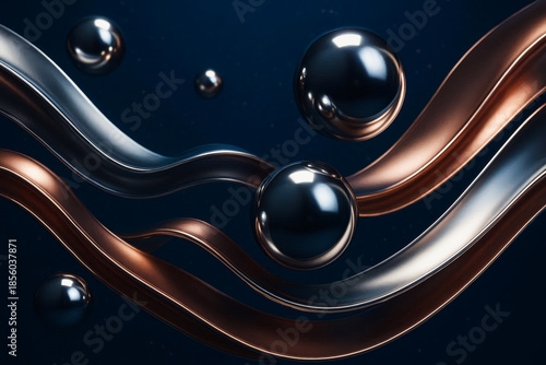 Sleek 3D abstraction with metallic spheres and elegant flowing curves on dark