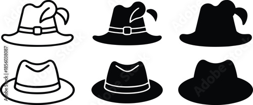 Classic fedora and tyrolean hat with feather headwear fashion accessories for stylish men and women Vector Silhouette and Pictogram Icon Set.eps