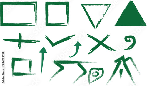 Green hand drawn shapes and symbols isolated on transparent background
