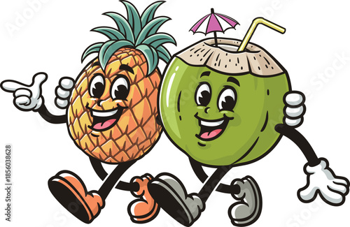 Cartoon mascots of pineapple and coconut walking together