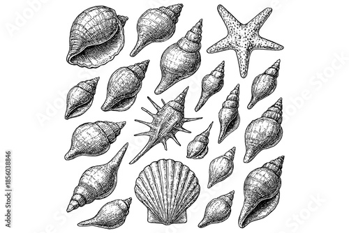 sea shells,
Hand-Drawn Tropical Seashells Set – Black & White Vector Illustration