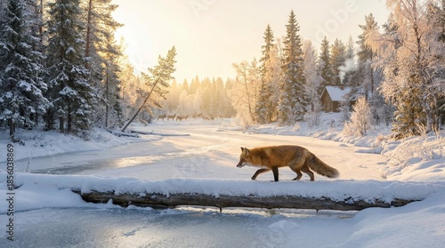Majestic Red Fox Crosses Snowy Log Bridge Over Frozen River at Sunrise in Winter Forest