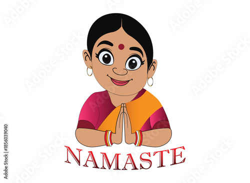 Indian Woman Saying Namaste Greeting Cartoon Illustration | Traditional Indian Welcome Character