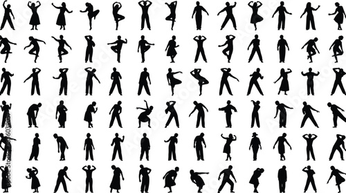 Large Collection of Dynamic Human Silhouettes Vector Illustration Set, Showing Diverse People in Various Poses, Representing Movement, Exercise, Health, Lifestyle, and Body Expression