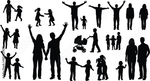Large Collection of Family and People Silhouettes Vector Set, Diverse Adults and Children in Various Action Poses, Isolated Black Graphic for Parenthood, Childhood, and Community Concepts.