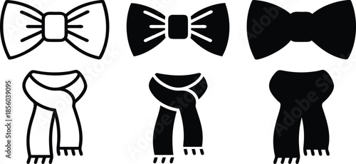 Elegant formal bow tie and winter neck scarf fashion clothing accessories for cold weather style Vector Silhouette and Pictogram Icon Set.eps