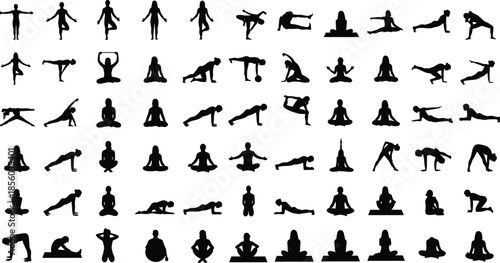Large collection of various yoga and fitness pose silhouettes for women, depicting stretching, meditation, and healthy lifestyle activities, perfect for exercise and wellness concepts.