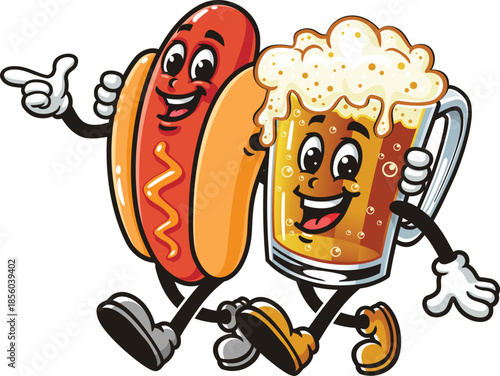 Cartoon mascot of hot dog and beer glass walking together