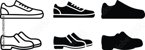Modern Mens and Womens Footwear Sneakers and Slip On Shoes Graphic Design Vector Silhouette and Pictogram Icon Set.eps