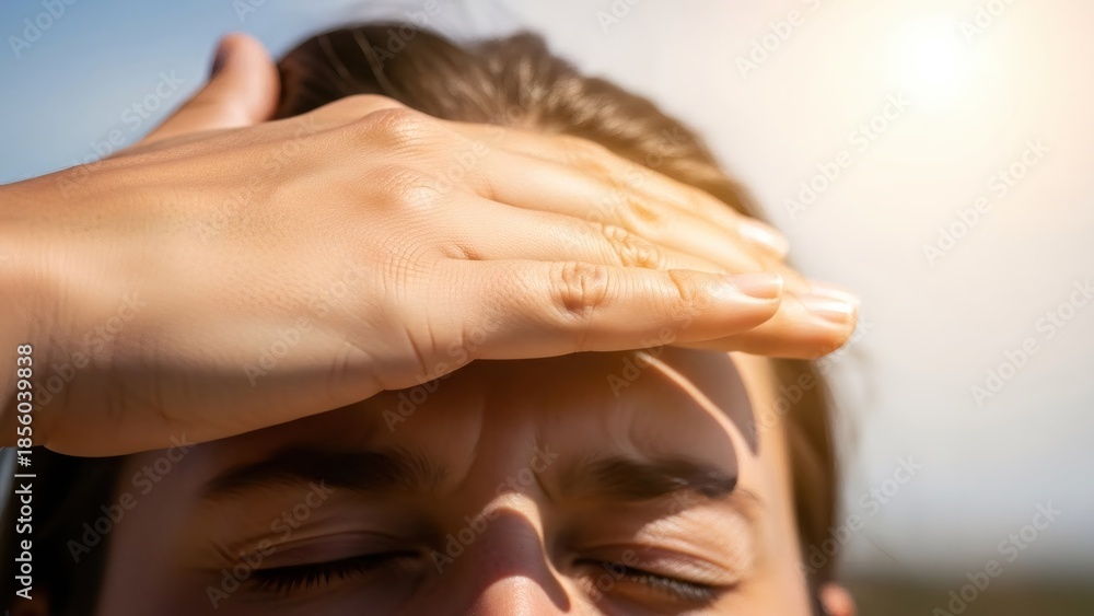 Naklejka premium Woman shielding her eyes from bright sunlight with her hand outdoors. Concept of sun protection, heat, outdoor activity, and summer day.