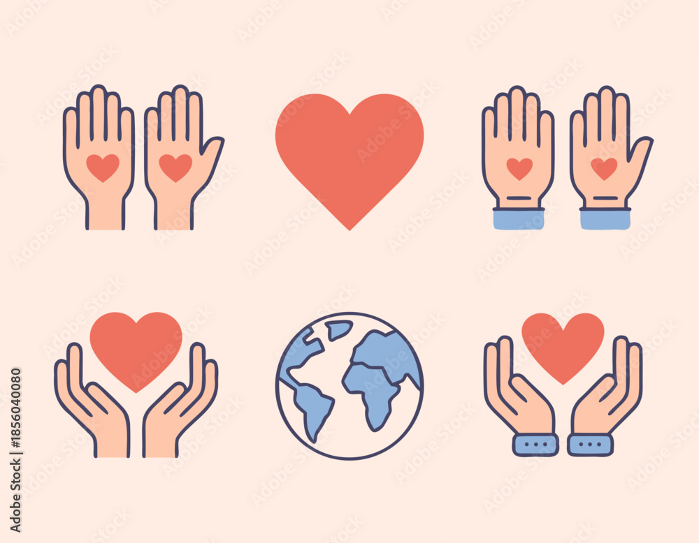 Fototapeta premium Vector illustration of love, care, charity, hands, hearts, and globe icons