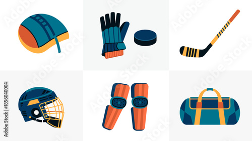Ice hockey equipment set, protective gear, stick, puck, and sports bag