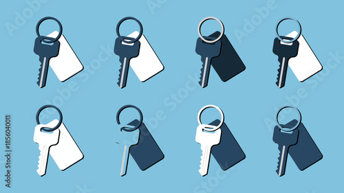 Keychains with blank tags, multiple variations, flat vector illustration