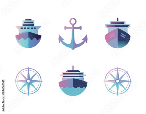Nautical themed vector icons featuring ships, an anchor, and compass roses
