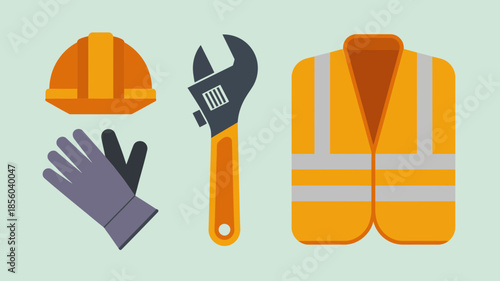 Safety Equipment Set, Hard Hat, Gloves, Wrench, High-Visibility Vest Vector