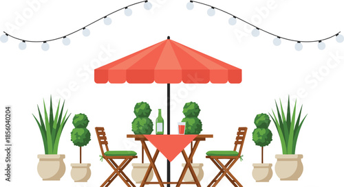 Outdoor cafe patio table with umbrella string lights and plants cozy garden dining restaurant terrace flat vector illustration