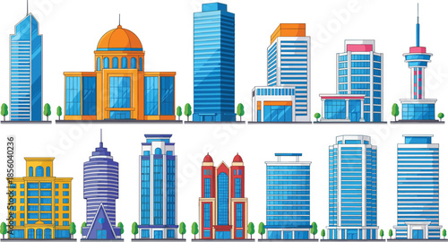 Collection of modern office skyscrapers and urban buildings city skyline architecture business towers corporate real estate vector illustration