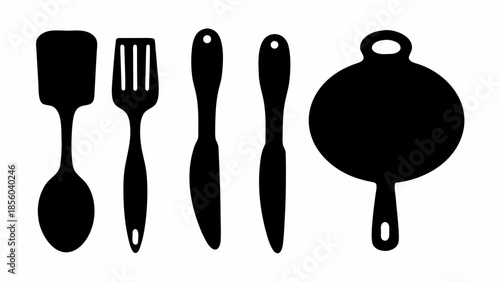 Black silhouettes of kitchen utensils on white background