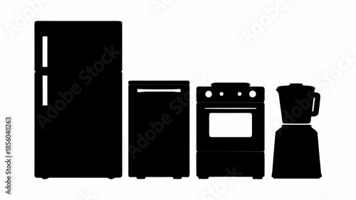 Modern kitchen appliances in sleek black silhouettes