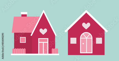 Cute Valentine Cottage Clipart.
Set of Valentine’s Day Love House flat Vector Illustration.
Valentine Love Shack House.
White background.