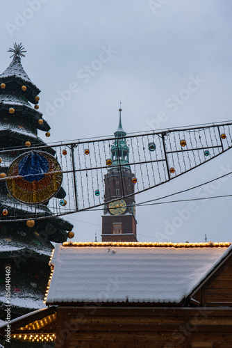 Wroclaw Market Square winter scene with Town Hall clock tower