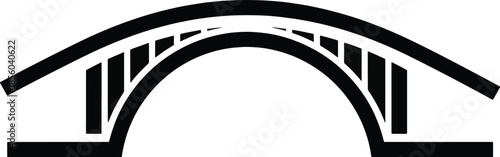 A stylized black and white graphic illustration of an arched bridge with vertical supports connecting the upper and lower curved structures.