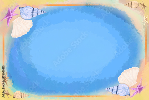 holiday theme background with shell and starfish frame on the beach