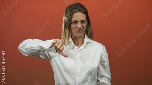 Photos Woman young in white shirt giving thumbs down with furrowed face in studio orange backdrop; disgust rejection