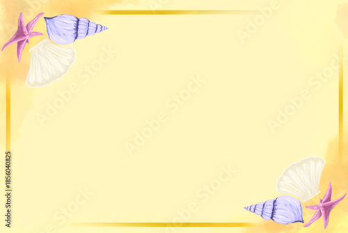 card with frame of shells and starfish in the sand