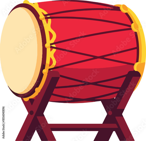 A vibrant red traditional drum with golden decorative elements, resting on a sturdy wooden stand, depicted in a clear illustration style.